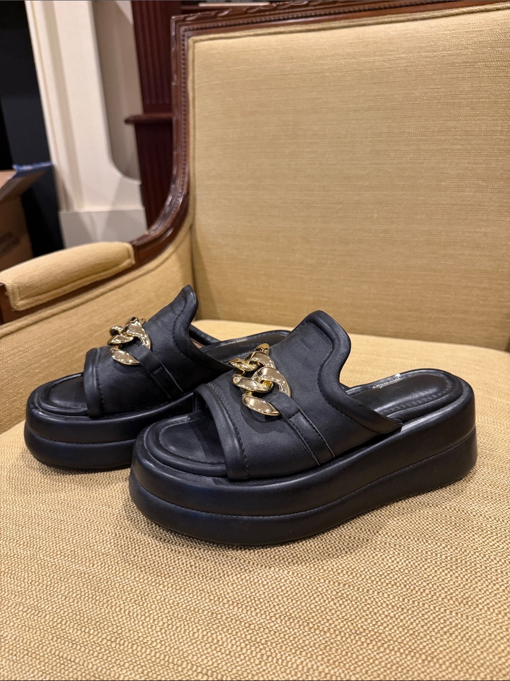 Black Platform Slide Sandals with Gold Chain Accent